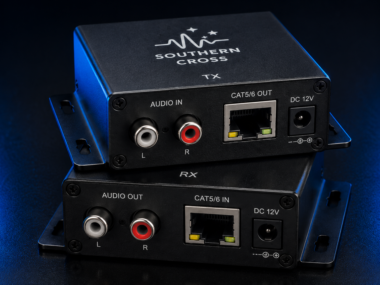 Detalhe das conexões do Extensor de Áudio CAT5 Southern Cross
